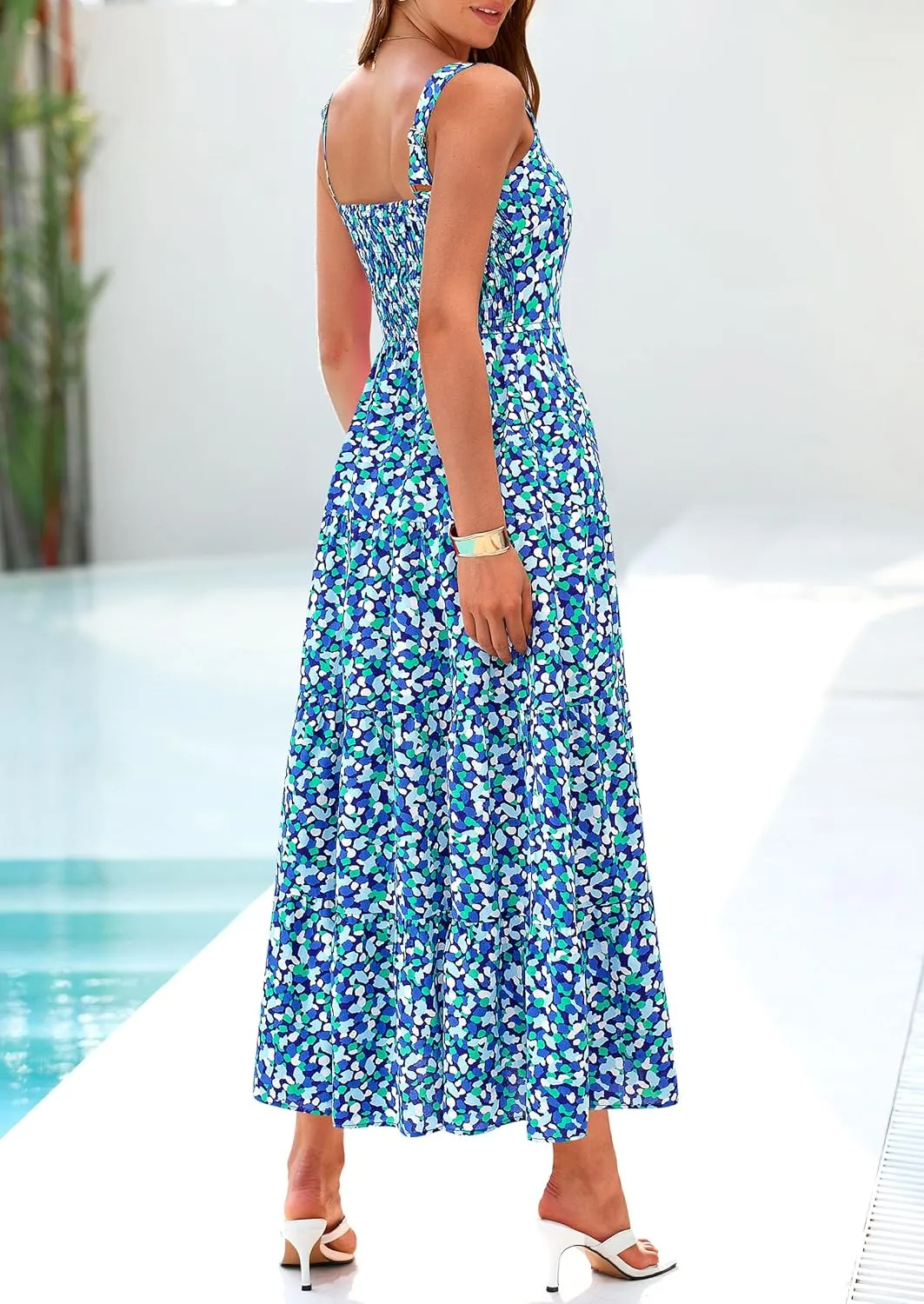 PRETTYGARDEN Women's Summer Floral Maxi Dress Sleeveless Smocked Ruffle Long Flowy Beach Vacation Boho Sundresses