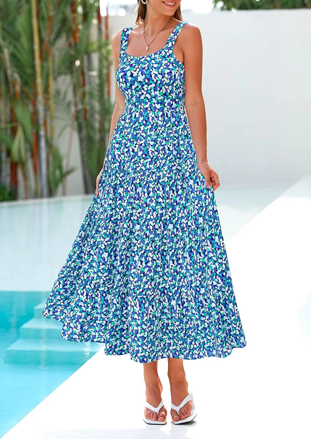 PRETTYGARDEN Women's Summer Floral Maxi Dress Sleeveless Smocked Ruffle Long Flowy Beach Vacation Boho Sundresses