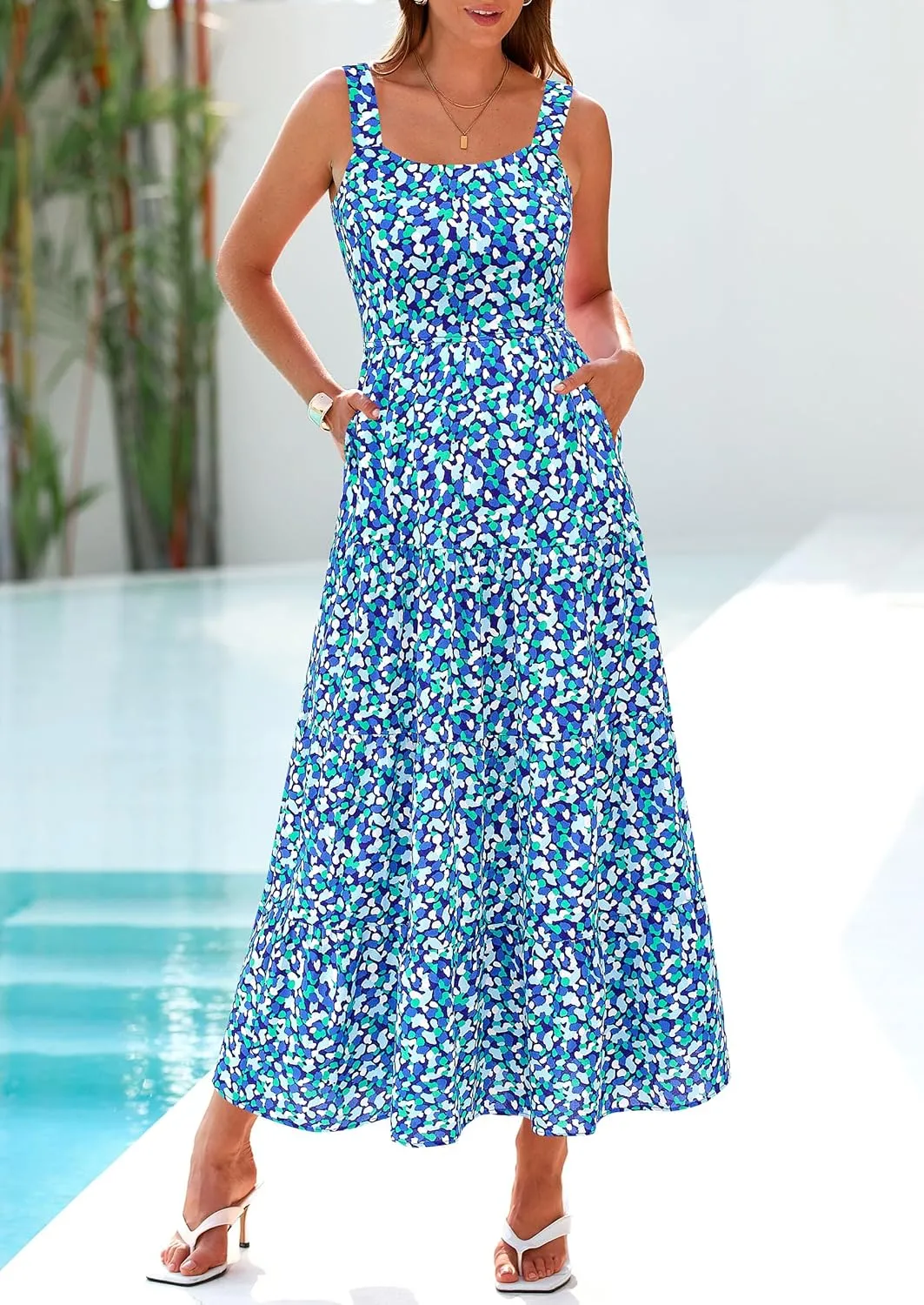 PRETTYGARDEN Women's Summer Floral Maxi Dress Sleeveless Smocked Ruffle Long Flowy Beach Vacation Boho Sundresses