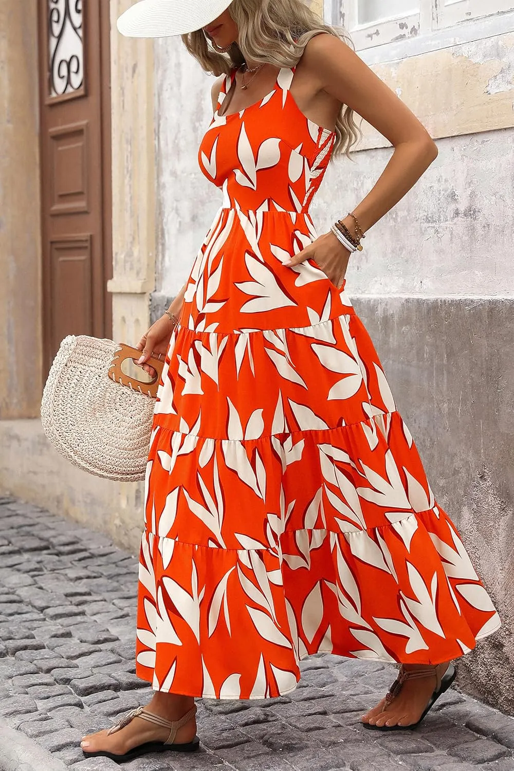 PRETTYGARDEN Women's Summer Floral Maxi Dress Sleeveless Smocked Ruffle Long Flowy Beach Vacation Boho Sundresses