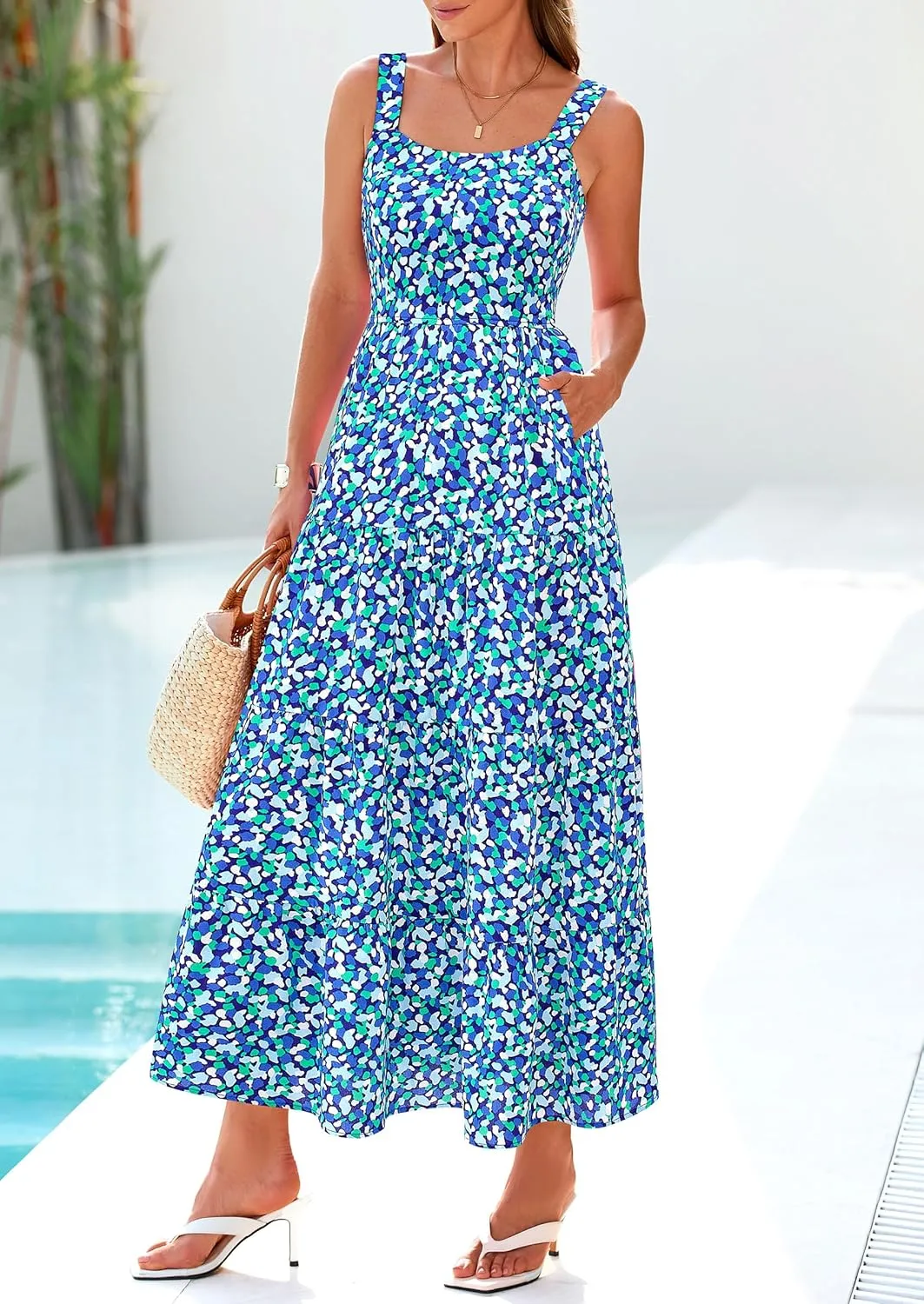 PRETTYGARDEN Women's Summer Floral Maxi Dress Sleeveless Smocked Ruffle Long Flowy Beach Vacation Boho Sundresses