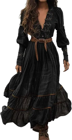 Renaissance Dresses for Women Vintage Floral Deep V Neck Long Sleeve Tie Waist Flowy Chiffon Dress Cruise Outfits for Women