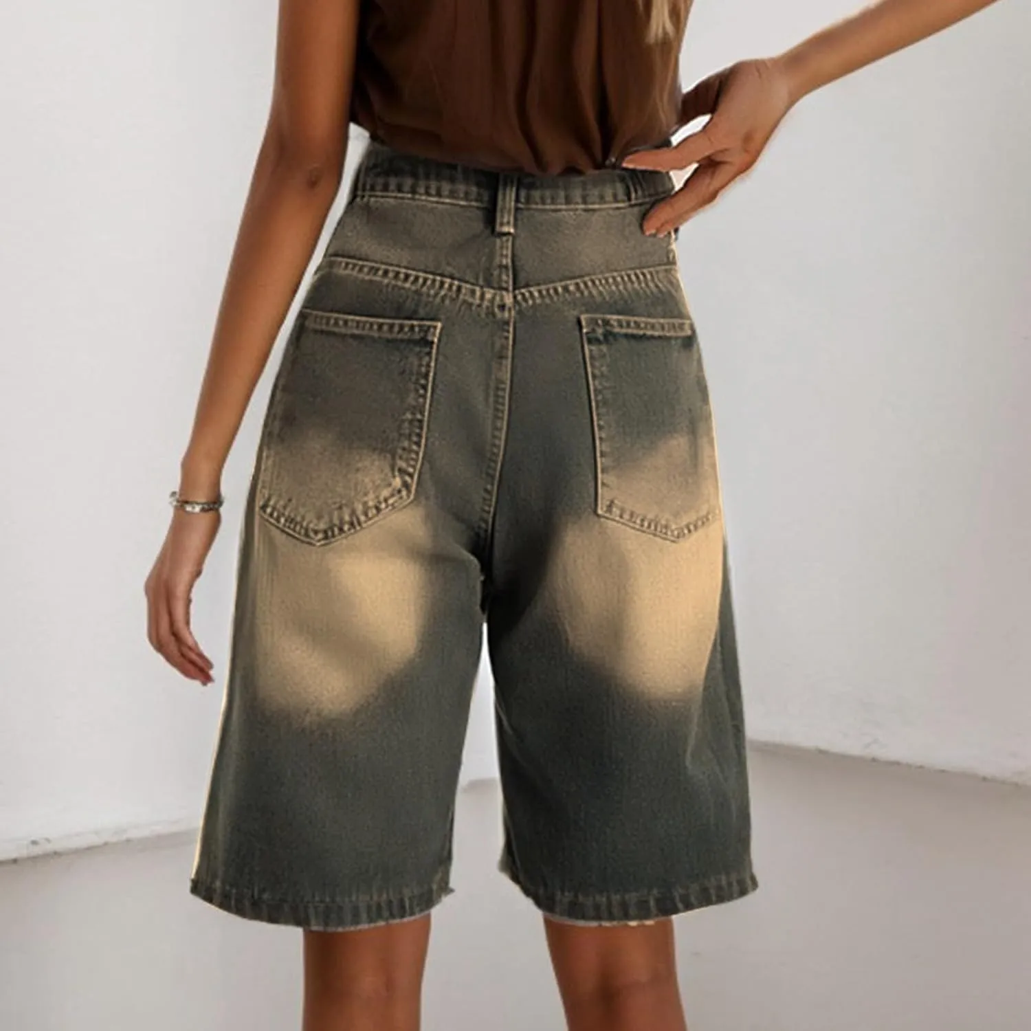 Ripped Jean Shorts for Women Front Button Frayed Raw High Waist Denim Shorts Junior Distressed Cutoff Wide Leg Short