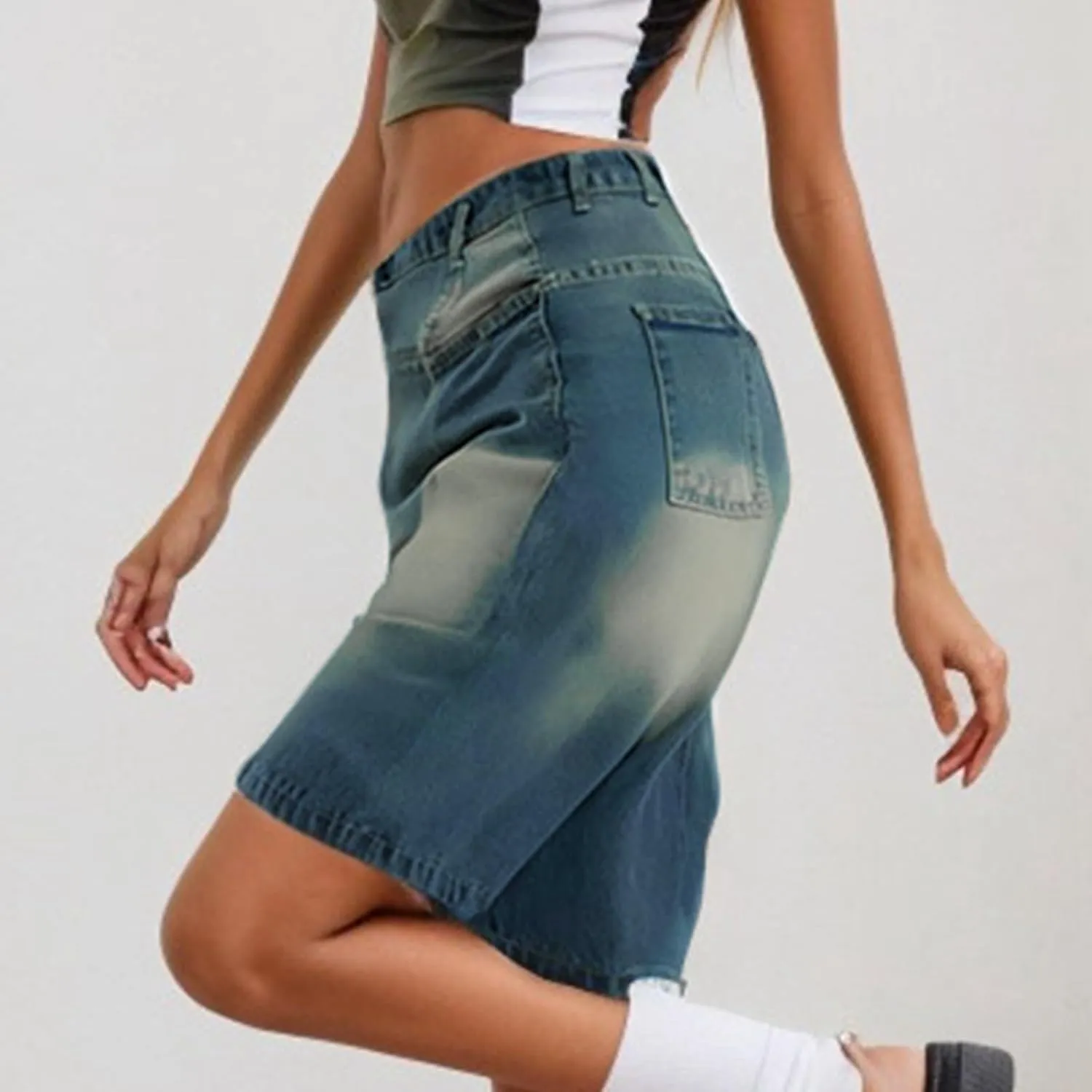 Ripped Jean Shorts for Women Front Button Frayed Raw High Waist Denim Shorts Junior Distressed Cutoff Wide Leg Short