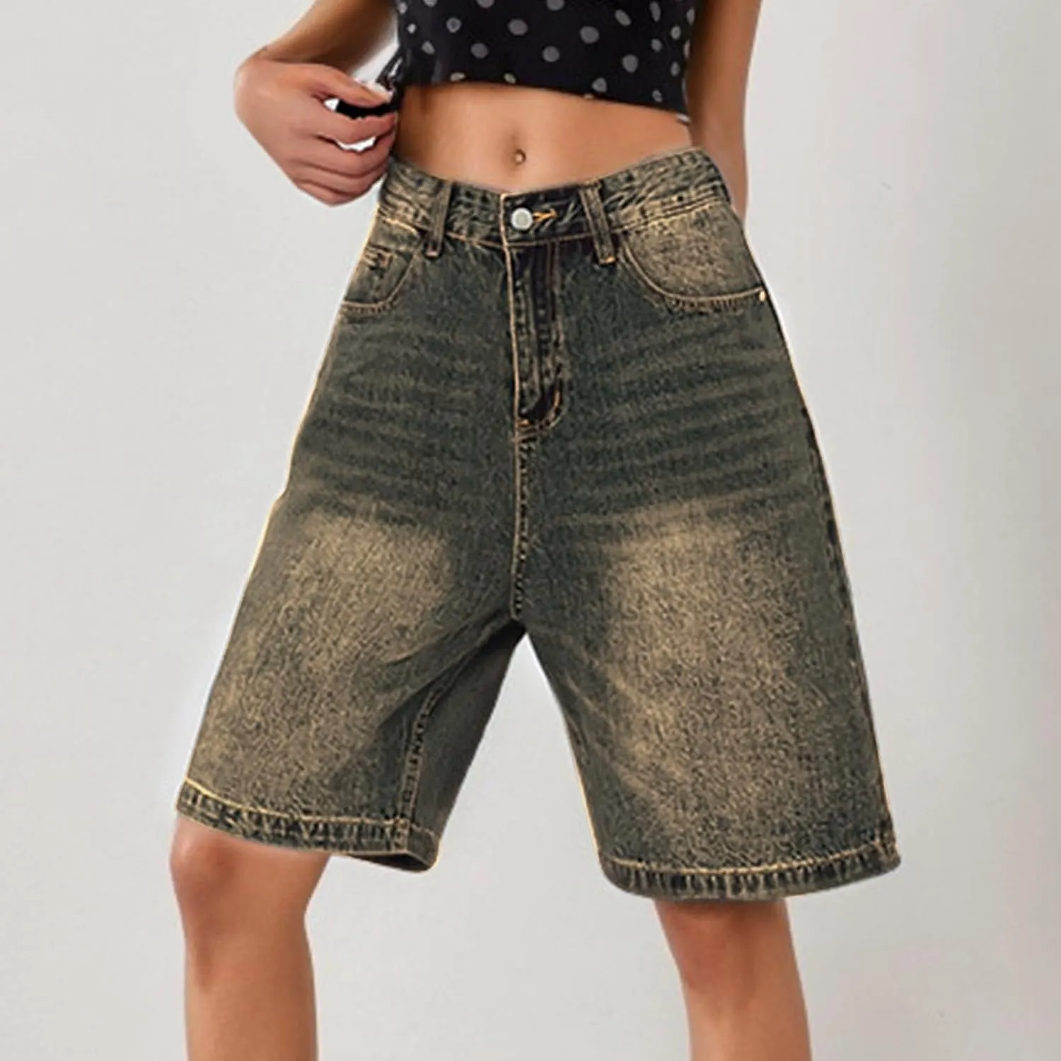 Ripped Jean Shorts for Women Front Button Frayed Raw High Waist Denim Shorts Junior Distressed Cutoff Wide Leg Short
