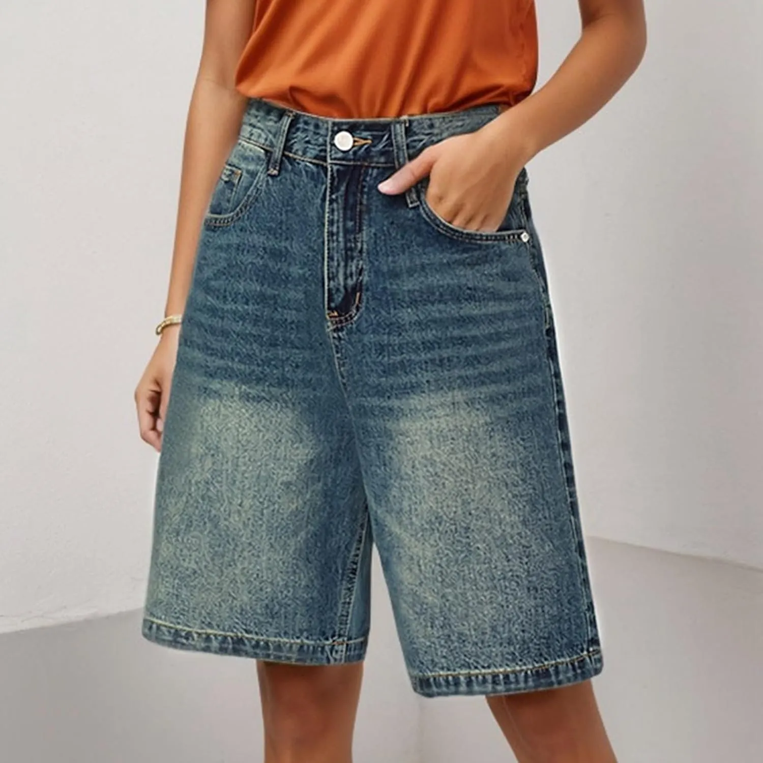 Ripped Jean Shorts for Women Front Button Frayed Raw High Waist Denim Shorts Junior Distressed Cutoff Wide Leg Short