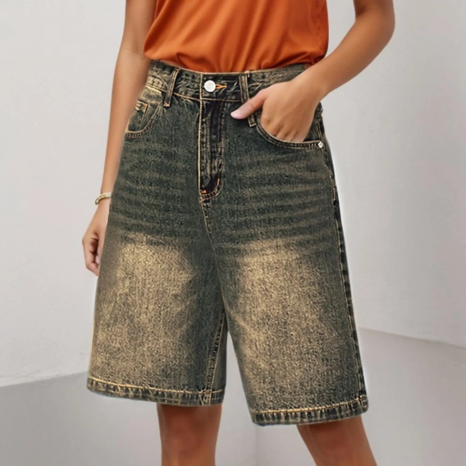 Ripped Jean Shorts for Women Front Button Frayed Raw High Waist Denim Shorts Junior Distressed Cutoff Wide Leg Short