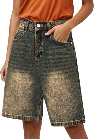 Ripped Jean Shorts for Women Front Button Frayed Raw High Waist Denim Shorts Junior Distressed Cutoff Wide Leg Short