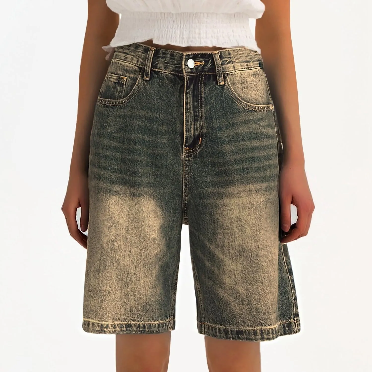 Ripped Jean Shorts for Women Front Button Frayed Raw High Waist Denim Shorts Junior Distressed Cutoff Wide Leg Short