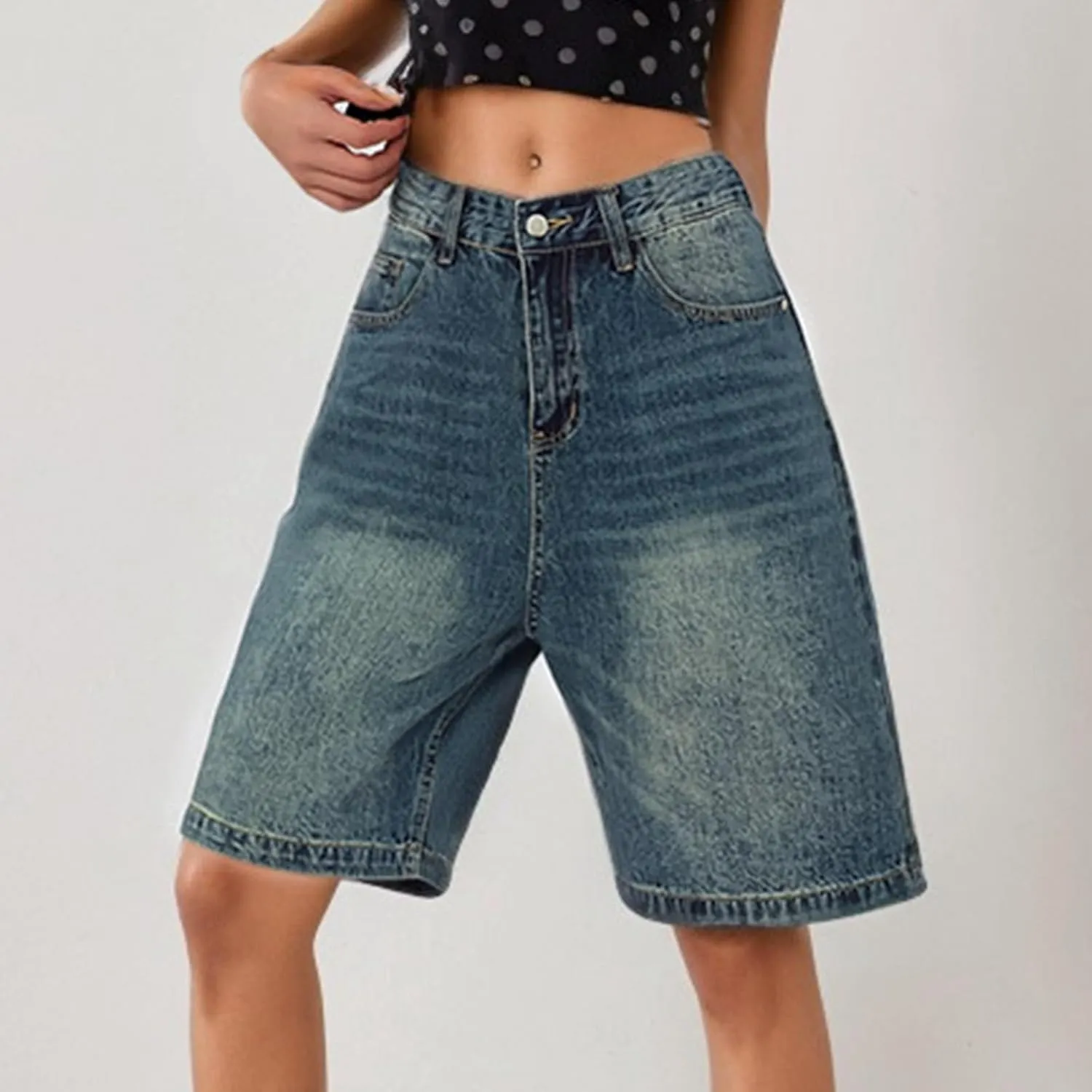 Ripped Jean Shorts for Women Front Button Frayed Raw High Waist Denim Shorts Junior Distressed Cutoff Wide Leg Short