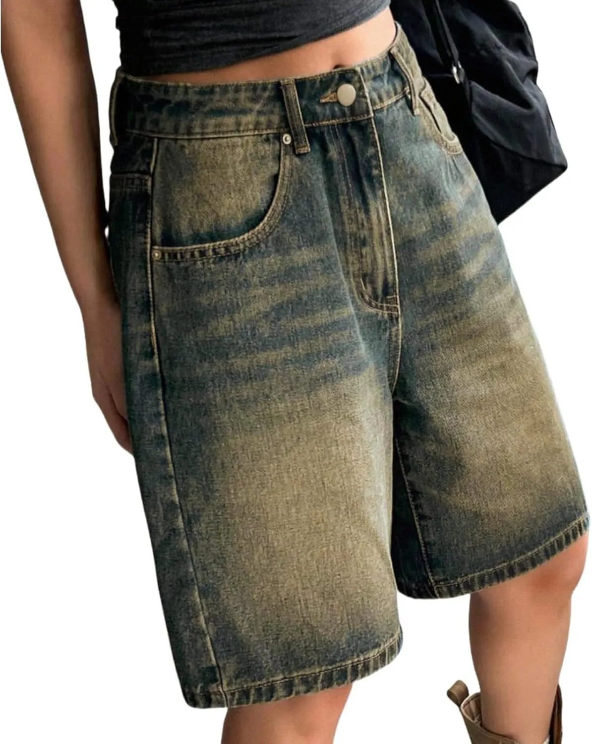 Ripped Jean Shorts for Women Front Button Frayed Raw High Waist Denim Shorts Junior Distressed Cutoff Wide Leg Short