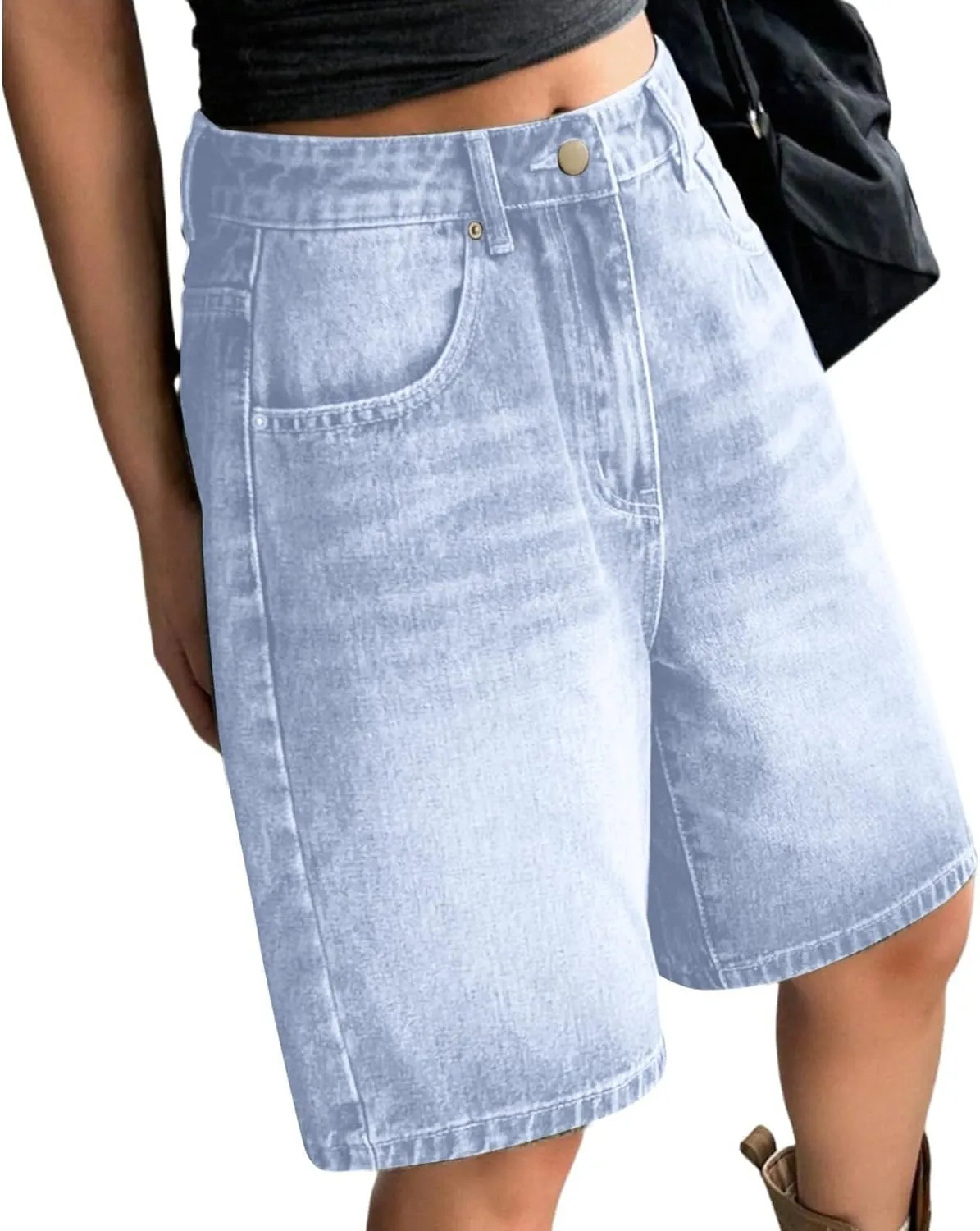Ripped Jean Shorts for Women Front Button Frayed Raw High Waist Denim Shorts Junior Distressed Cutoff Wide Leg Short