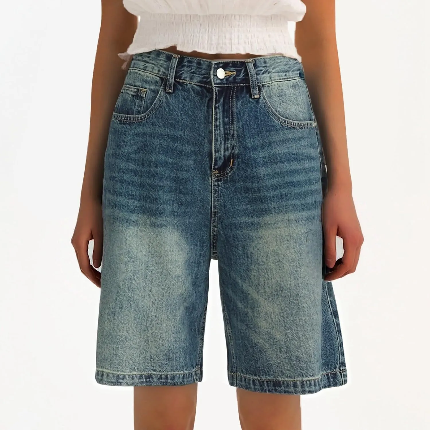 Ripped Jean Shorts for Women Front Button Frayed Raw High Waist Denim Shorts Junior Distressed Cutoff Wide Leg Short