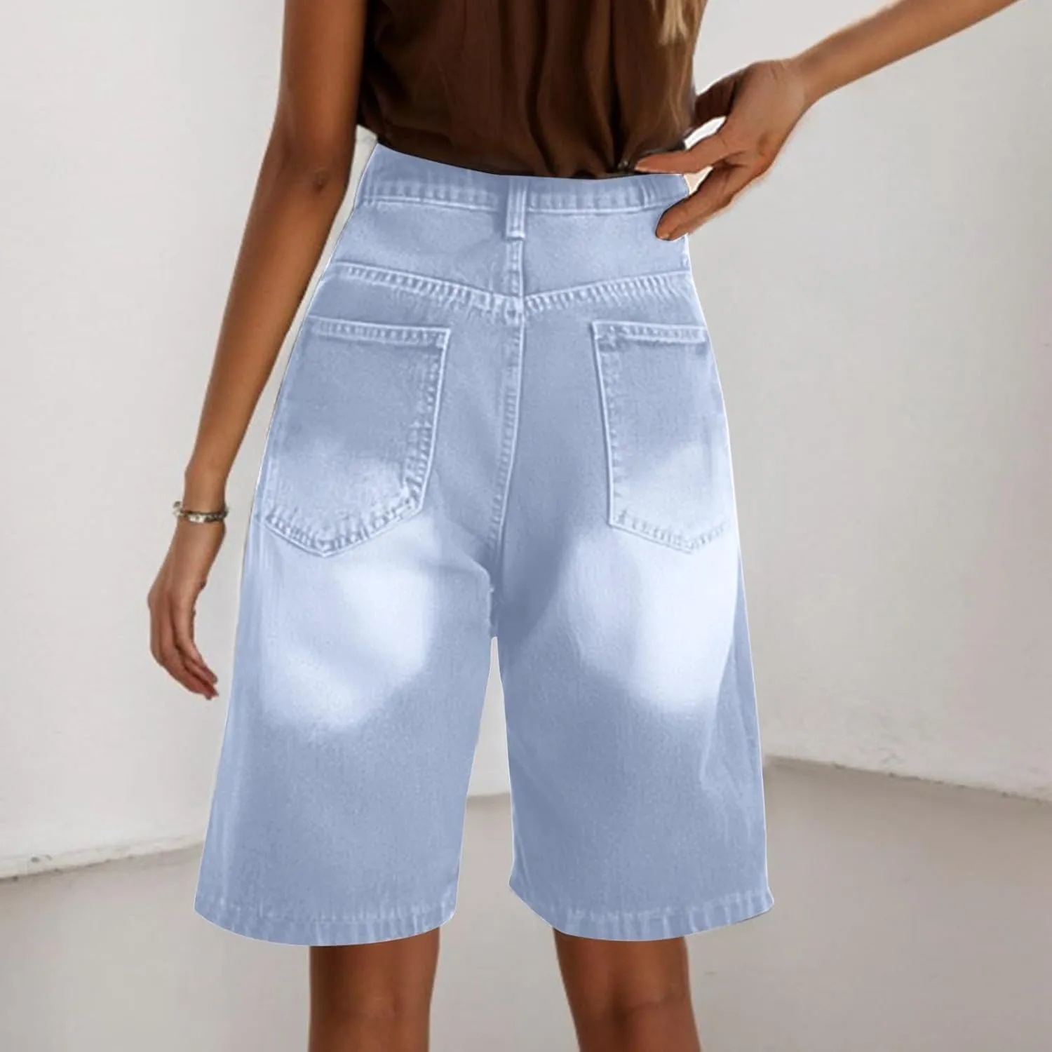 Ripped Jean Shorts for Women Front Button Frayed Raw High Waist Denim Shorts Junior Distressed Cutoff Wide Leg Short