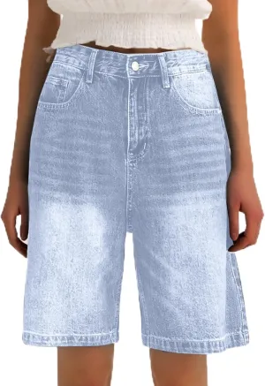 Ripped Jean Shorts for Women Front Button Frayed Raw High Waist Denim Shorts Junior Distressed Cutoff Wide Leg Short