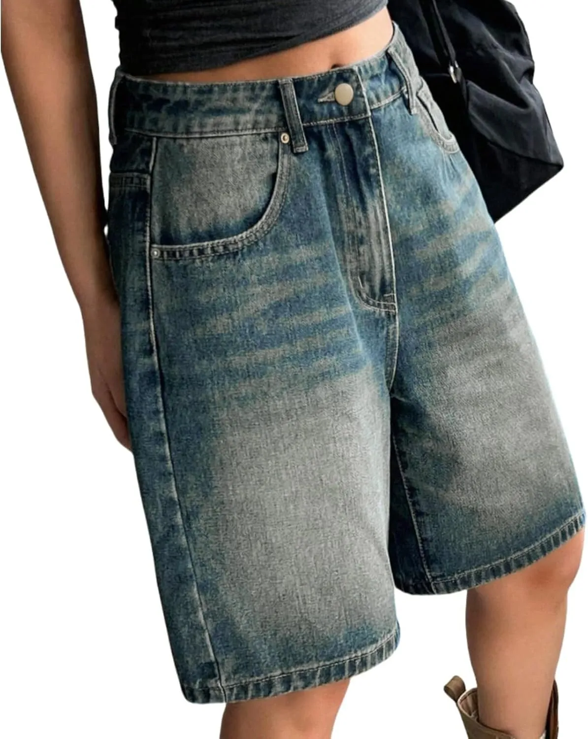Ripped Jean Shorts for Women Front Button Frayed Raw High Waist Denim Shorts Junior Distressed Cutoff Wide Leg Short