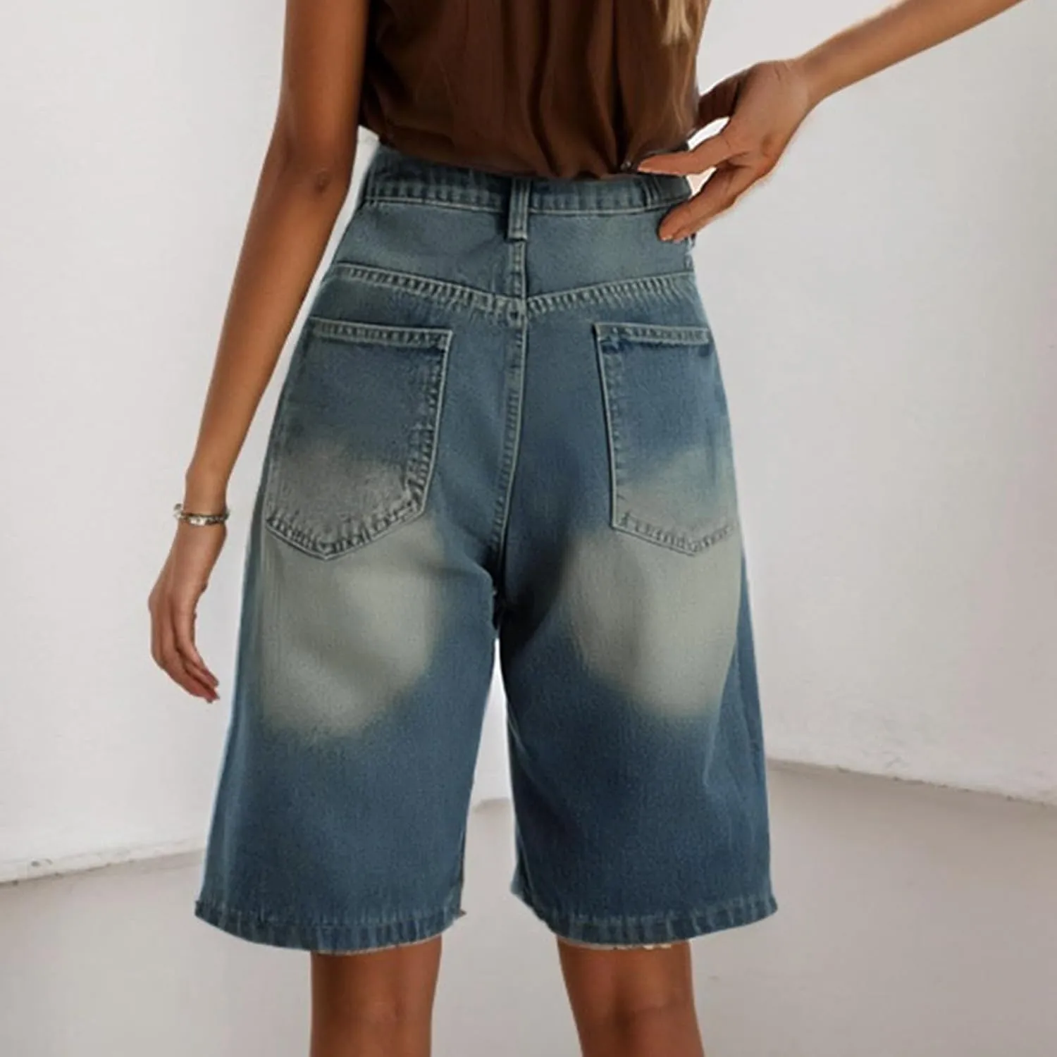 Ripped Jean Shorts for Women Front Button Frayed Raw High Waist Denim Shorts Junior Distressed Cutoff Wide Leg Short