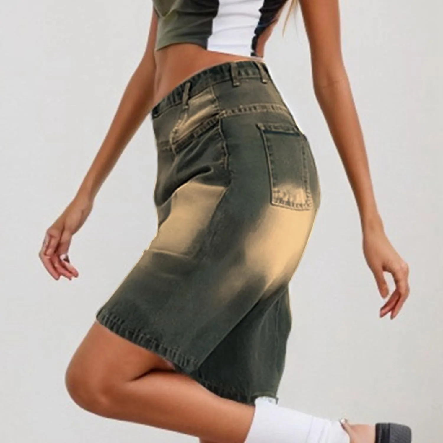 Ripped Jean Shorts for Women Front Button Frayed Raw High Waist Denim Shorts Junior Distressed Cutoff Wide Leg Short