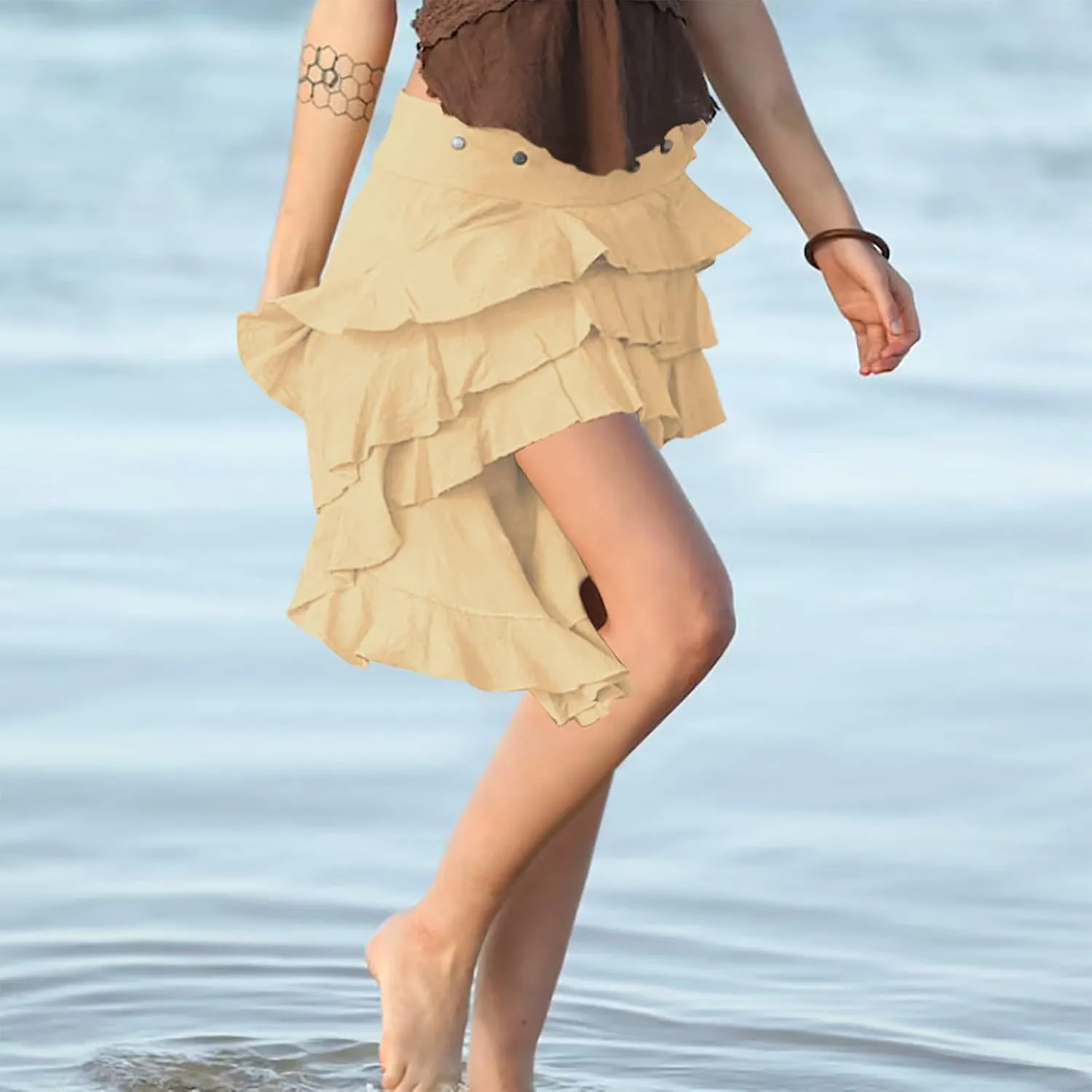 Ruffle Smocked Skirt for Women Summer Fashion Boho Beach Vacation Irregular Hem Skorts Casual Solid Tiered Skirts