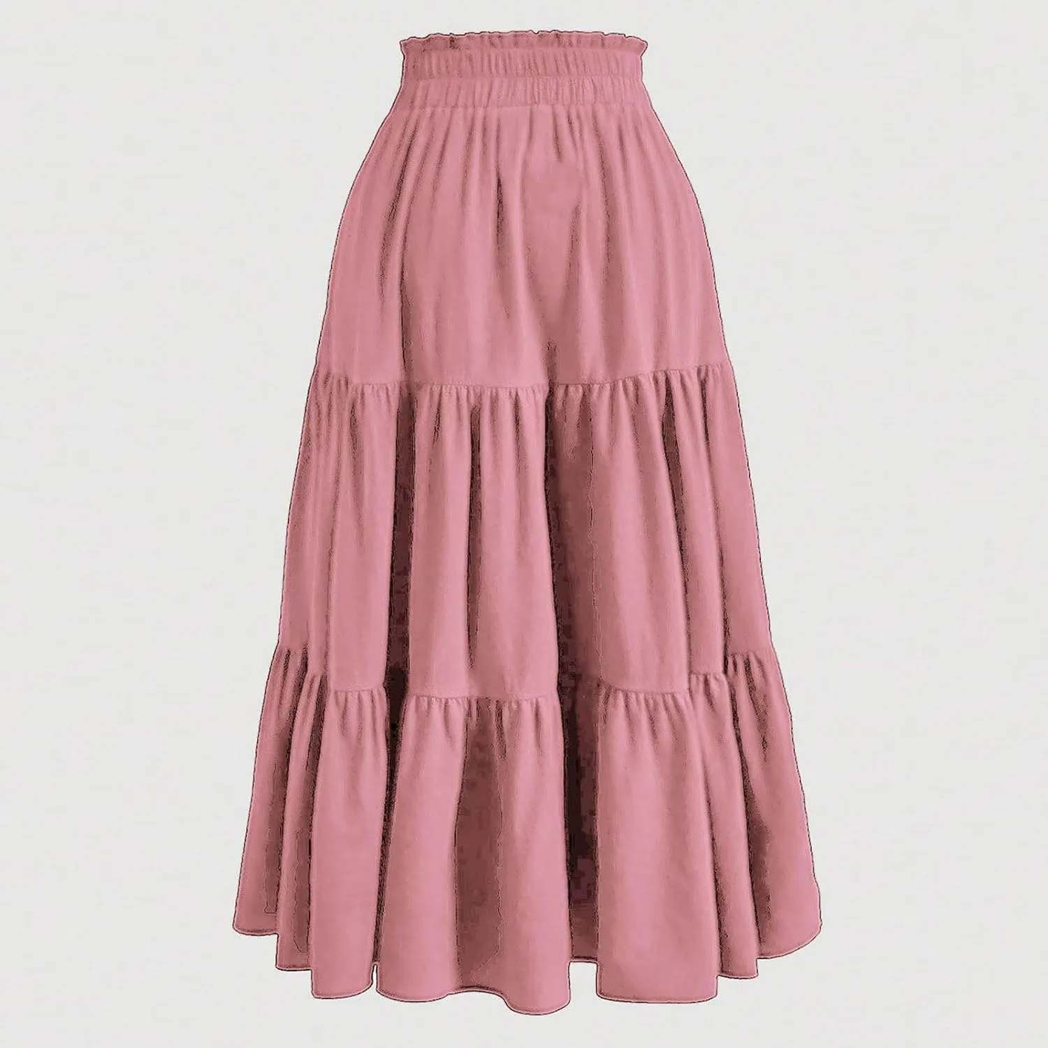 Ruffle Tiered Maxi Skirts for Women Summer Solid Elastic Waisted Skirt Casual Loose Fit Comfy Skirts with Drawstring