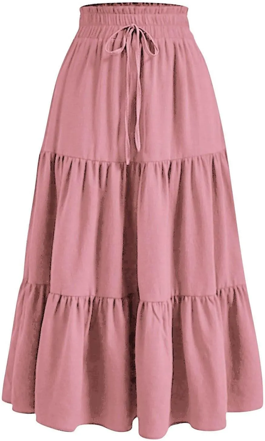 Ruffle Tiered Maxi Skirts for Women Summer Solid Elastic Waisted Skirt Casual Loose Fit Comfy Skirts with Drawstring