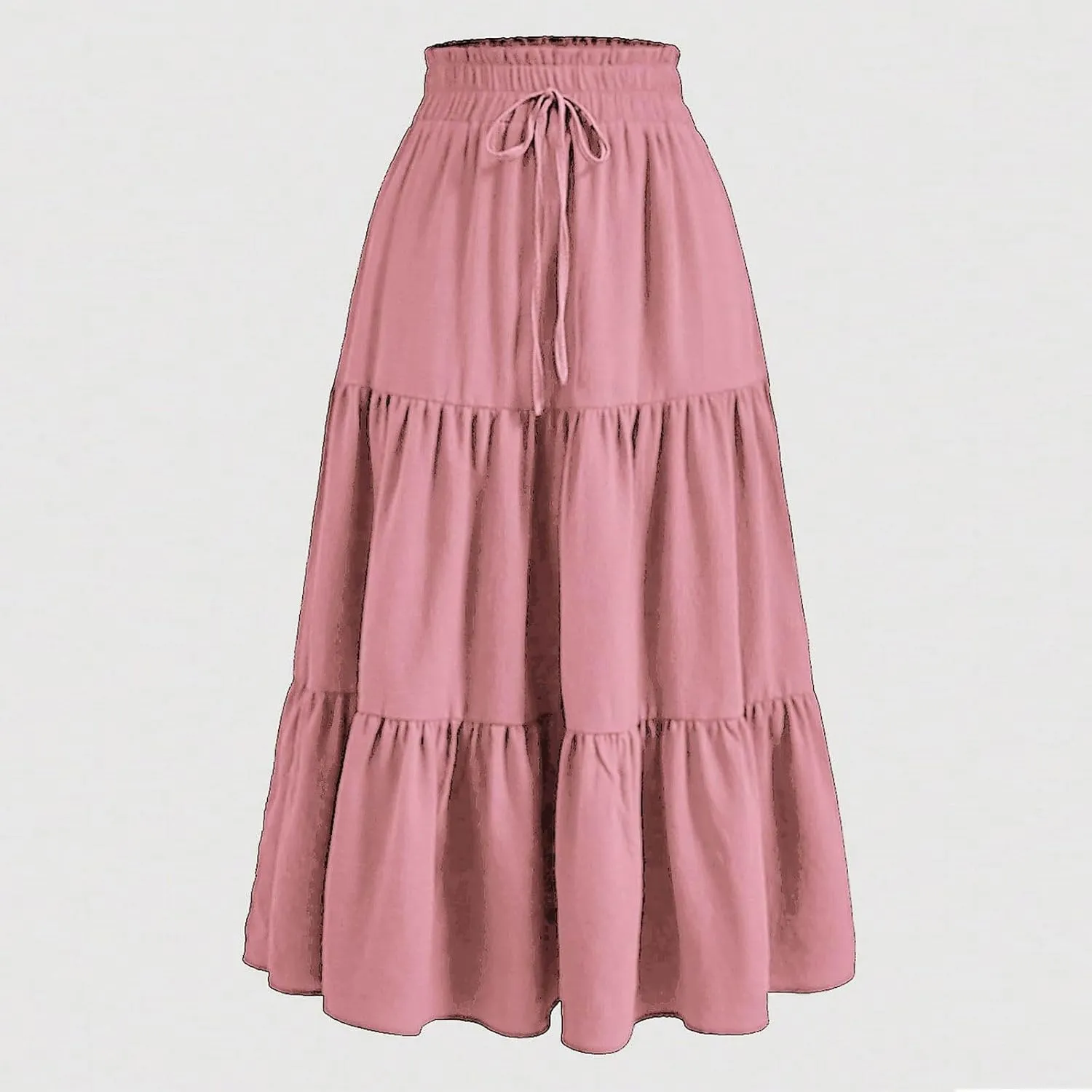 Ruffle Tiered Maxi Skirts for Women Summer Solid Elastic Waisted Skirt Casual Loose Fit Comfy Skirts with Drawstring