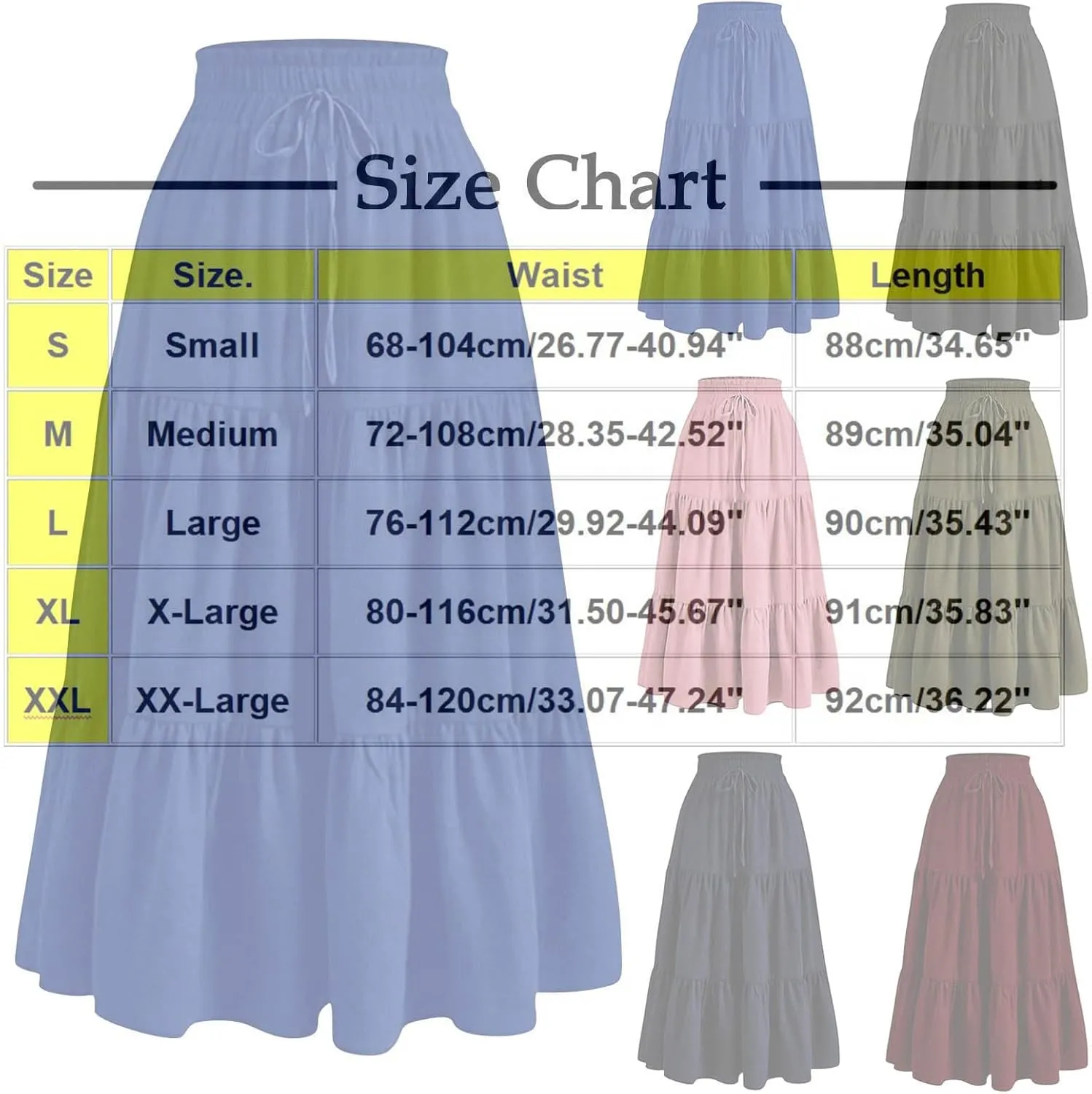 Ruffle Tiered Maxi Skirts for Women Summer Solid Elastic Waisted Skirt Casual Loose Fit Comfy Skirts with Drawstring