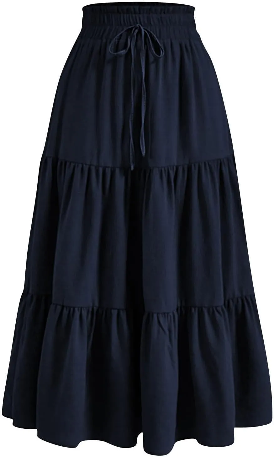 Ruffle Tiered Skirt for Women Summer High Waist Pleated A-Line Flowy Beach Skirts Casual Fashion Vacation Long Skirt
