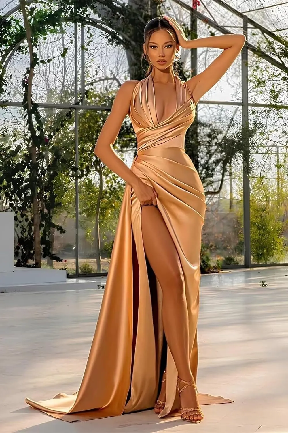 Satin Bridesmaid Dresses Long for Women Mermaid Prom Dresses Pleated A Line Formal Evening Gown