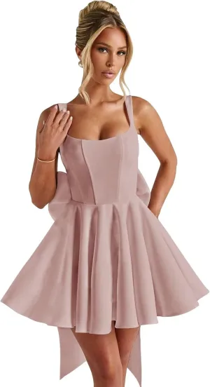 Satin Prom Dresses 2025 with Bow A Line Spaghetti Straps Formal Cocktail Party Dresses