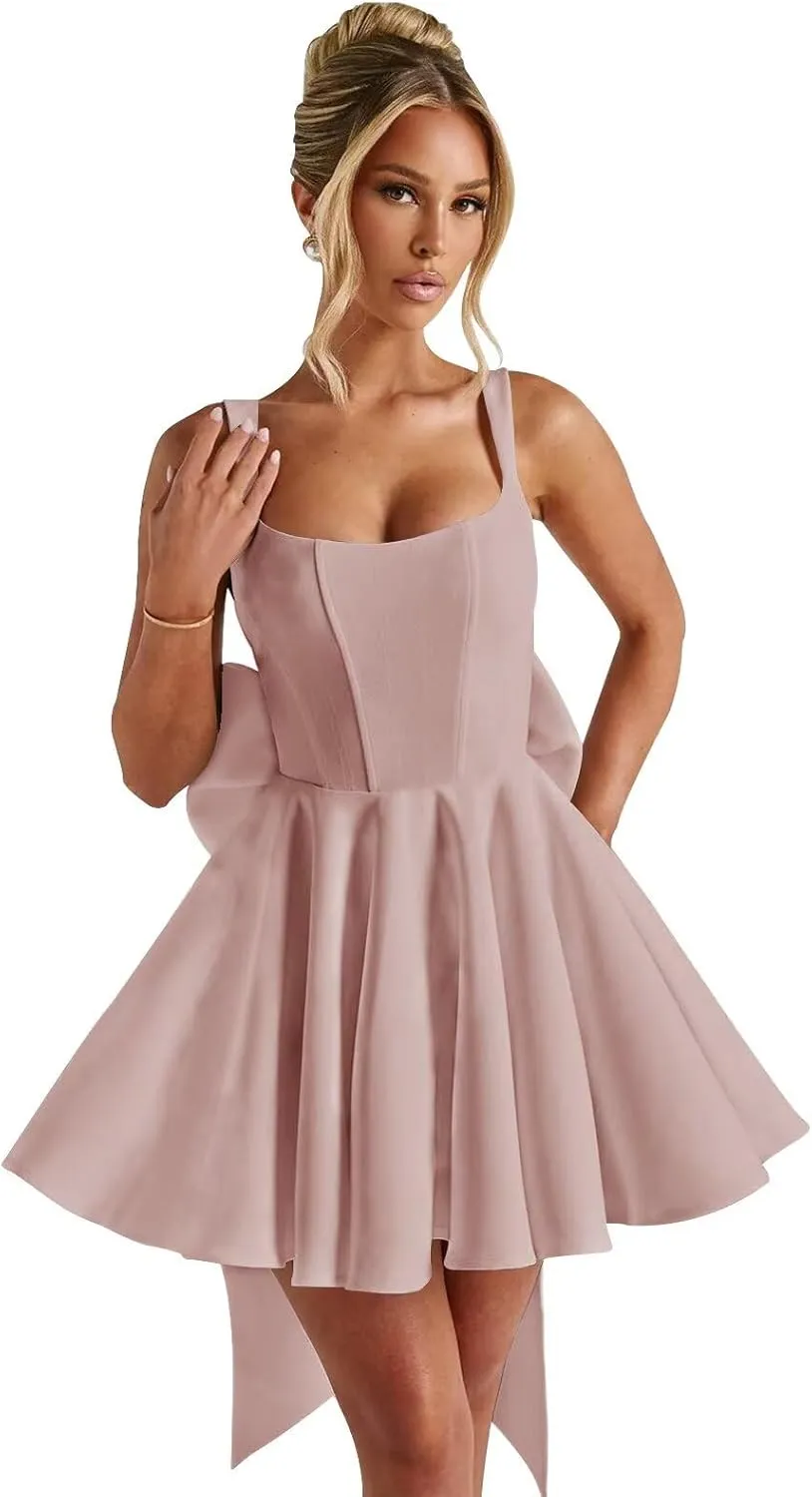 Satin Prom Dresses 2025 with Bow A Line Spaghetti Straps Formal Cocktail Party Dresses
