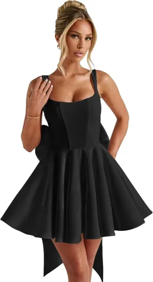 Satin Prom Dresses 2025 with Bow A Line Spaghetti Straps Formal Cocktail Party Dresses