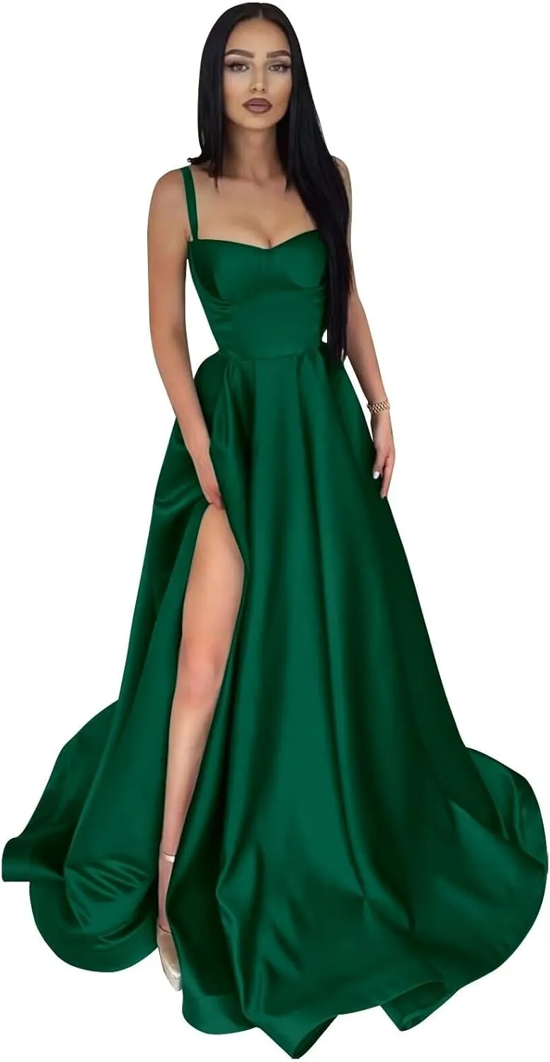 Satin Prom Dresses Long Ball Gown Spaghetti Straps Split A-Line Evening Party Dresses