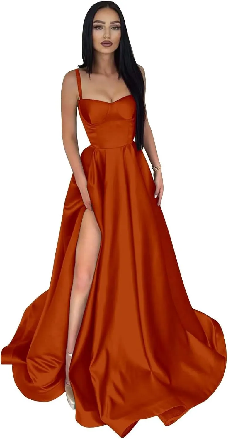 Satin Prom Dresses Long Ball Gown Spaghetti Straps Split A-Line Evening Party Dresses