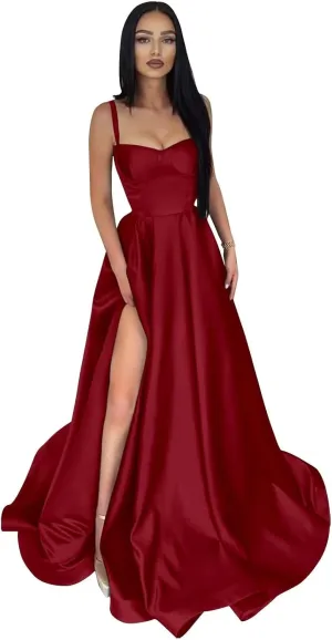 Satin Prom Dresses Long Ball Gown Spaghetti Straps Split A-Line Evening Party Dresses