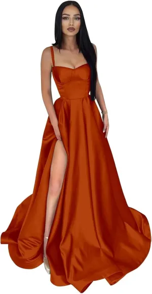 Satin Prom Dresses Long Ball Gown Spaghetti Straps Split A-Line Evening Party Dresses