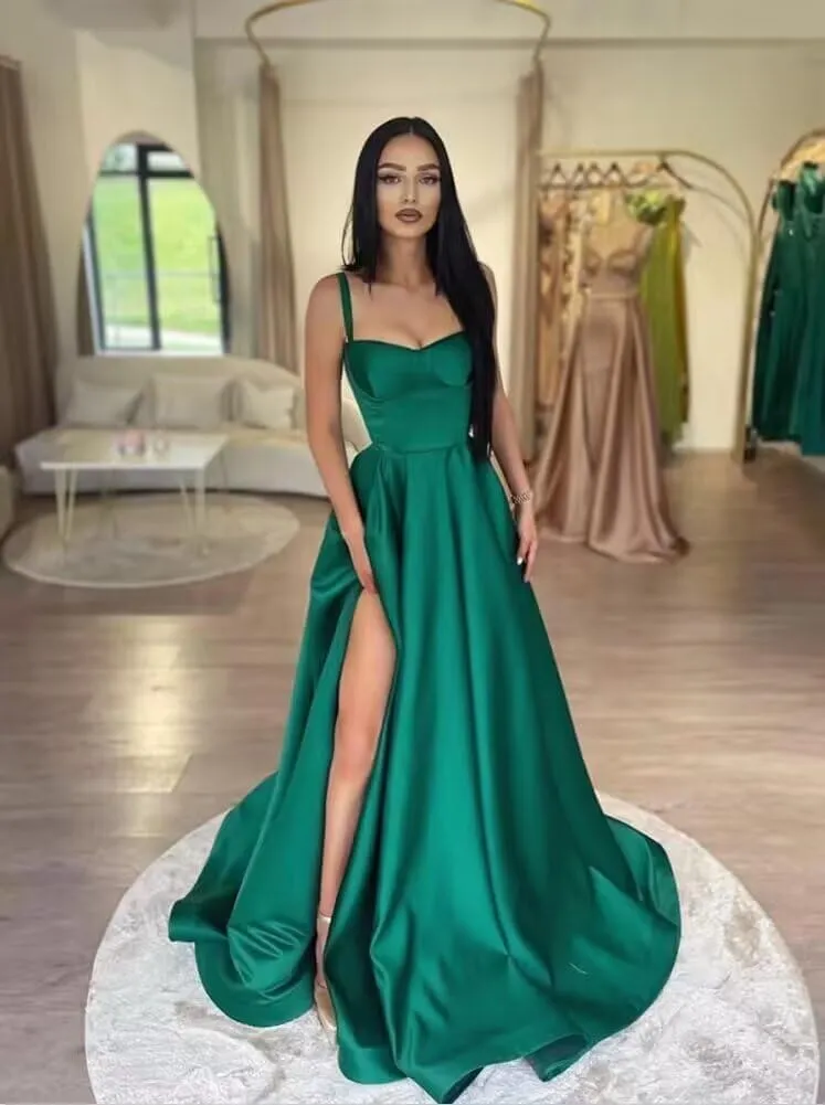 Satin Prom Dresses Long Ball Gown Spaghetti Straps Split A-Line Evening Party Dresses