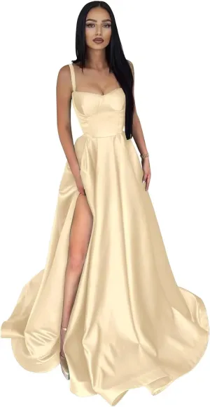 Satin Prom Dresses Long Ball Gown Spaghetti Straps Split A-Line Evening Party Dresses