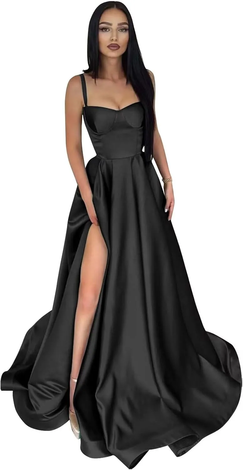 Satin Prom Dresses Long Ball Gown Spaghetti Straps Split A-Line Evening Party Dresses