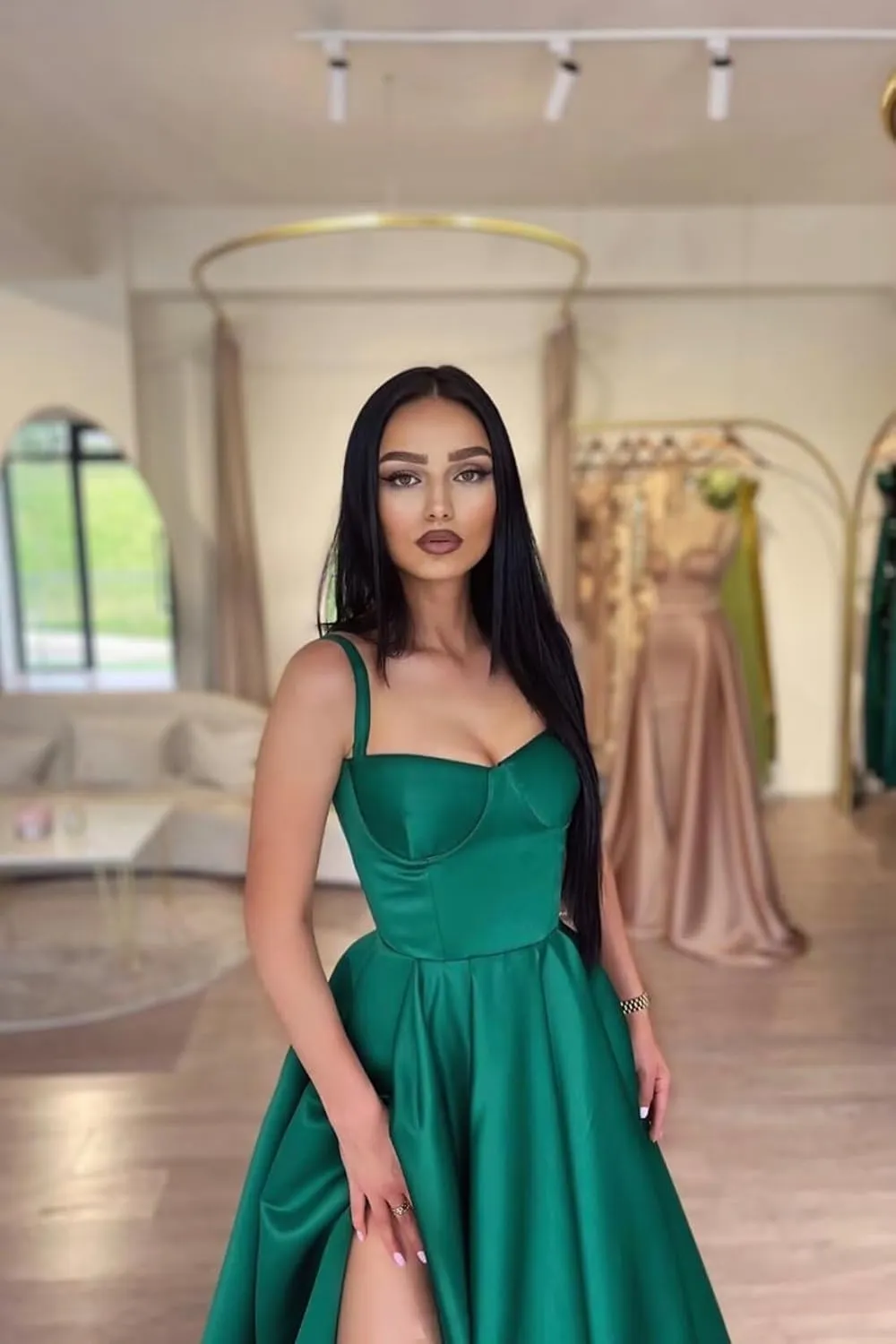 Satin Prom Dresses Long Ball Gown Spaghetti Straps Split A-Line Evening Party Dresses