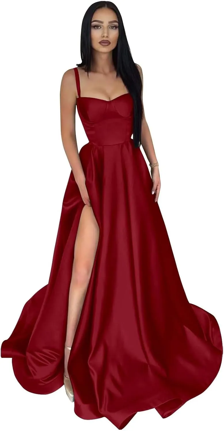 Satin Prom Dresses Long Ball Gown Spaghetti Straps Split A-Line Evening Party Dresses