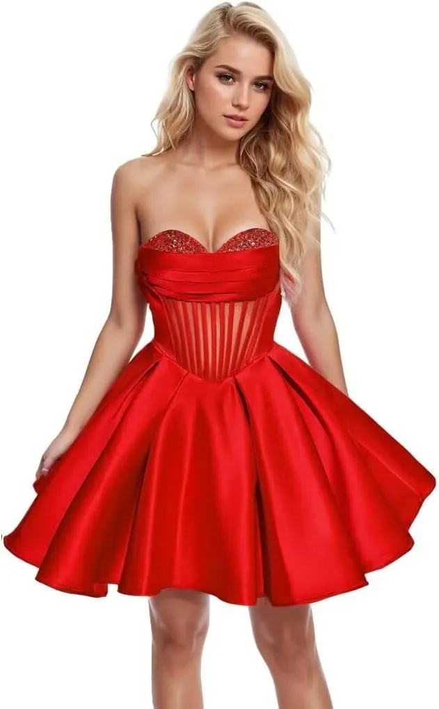 Sequin Beaded Homecoming Dresses Short Sweetheart Satin A-Line Mini Prom Cocktail Graduation Dresses