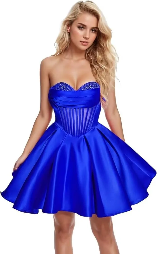 Sequin Beaded Homecoming Dresses Short Sweetheart Satin A-Line Mini Prom Cocktail Graduation Dresses