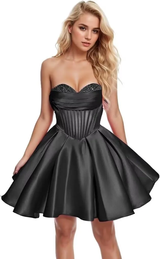 Sequin Beaded Homecoming Dresses Short Sweetheart Satin A-Line Mini Prom Cocktail Graduation Dresses