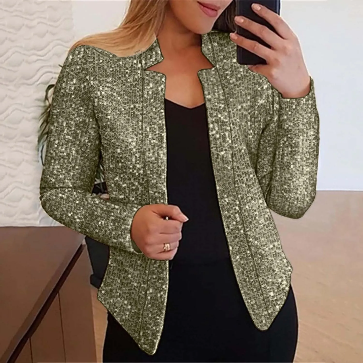 Sequin Blazer for Women Sparkly Sequin Jacket Crop Long Sleeve Lapel Open Front Shimmer Glitter Sequin Cardigan