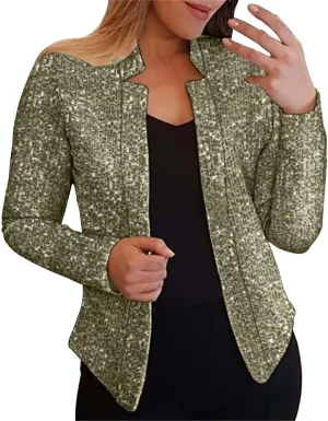 Sequin Blazer for Women Sparkly Sequin Jacket Crop Long Sleeve Lapel Open Front Shimmer Glitter Sequin Cardigan