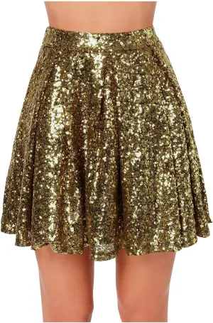 Sequin Mini Skirt for Women A-line Basic Skirt Stretchy Flared Casual Pleated Sparkly Skater Skirts Short Rave Skirt