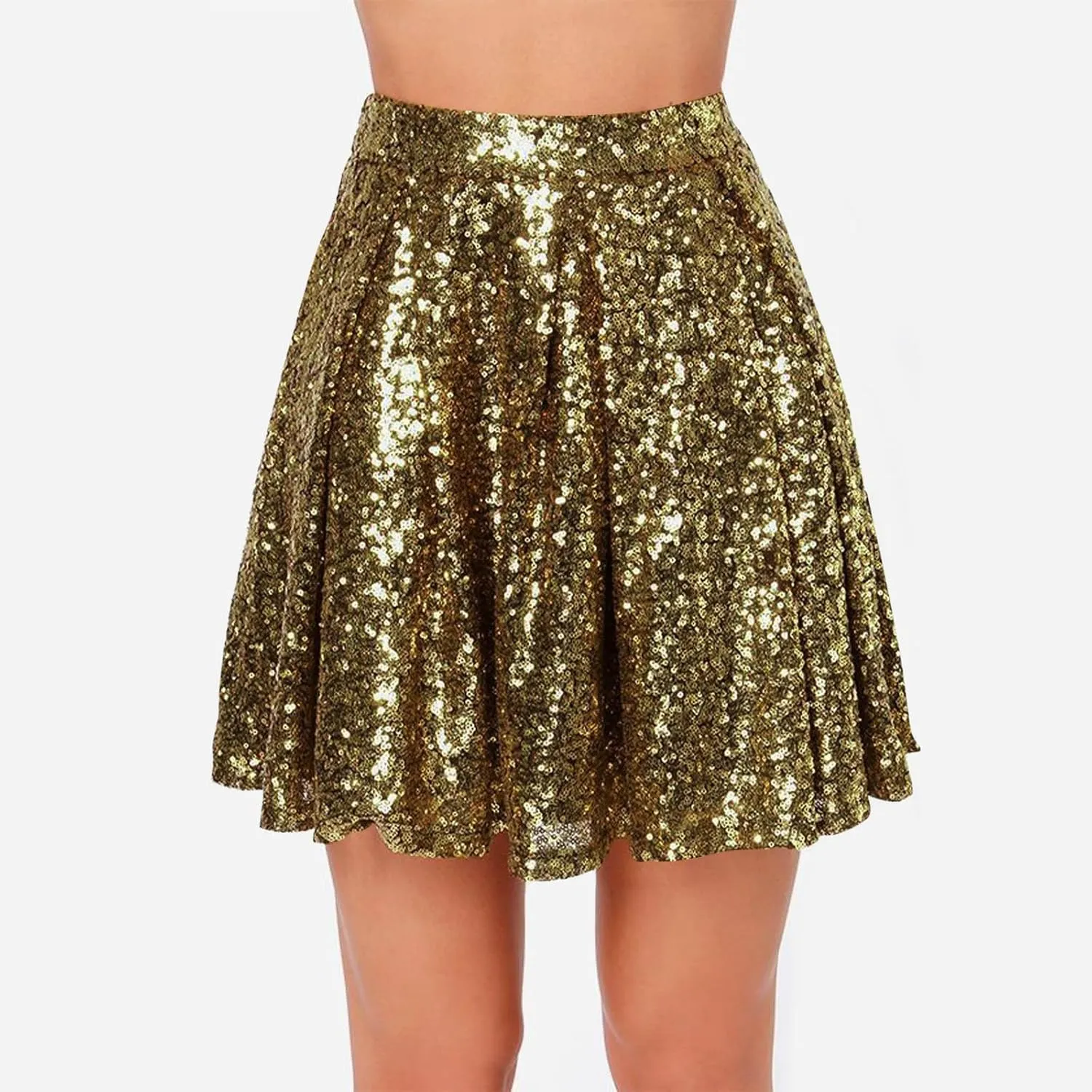Sequin Mini Skirt for Women A-line Basic Skirt Stretchy Flared Casual Pleated Sparkly Skater Skirts Short Rave Skirt
