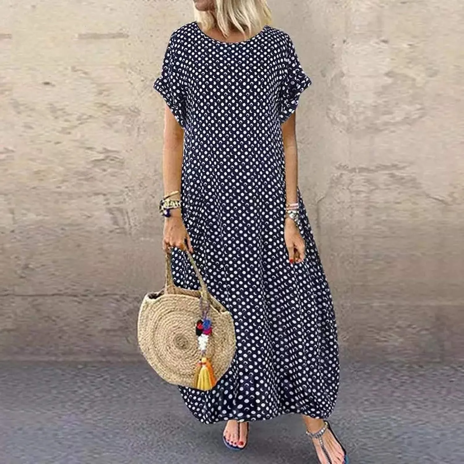 SHAOBGE Cocktail Dress for Women Trendy 2024 Round Casual Polka Neck Sleeve Print Maxi Women Short Dress Summer