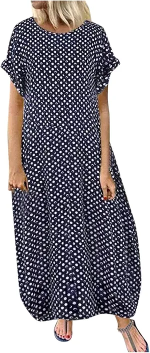 SHAOBGE Cocktail Dress for Women Trendy 2024 Round Casual Polka Neck Sleeve Print Maxi Women Short Dress Summer